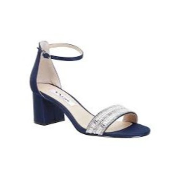Nina, Elenora Low Strap Heels, New Navy Luster, Satin, Rhinestones, 5M - Picture 1 of 8